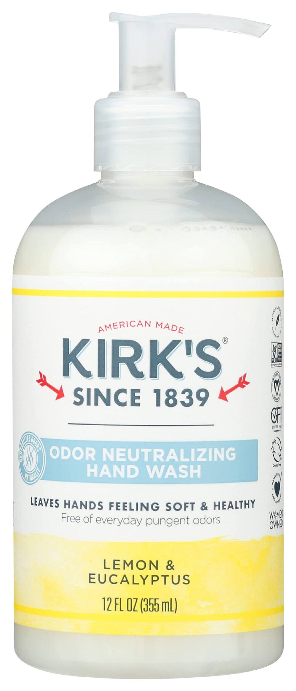 Kirks savon main liquide citron-eucalyptus, flacon clair, parfum frais et neutralisant les odeurs.