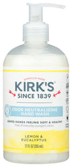 Kirks savon main liquide citron-eucalyptus, flacon clair, parfum frais et neutralisant les odeurs.