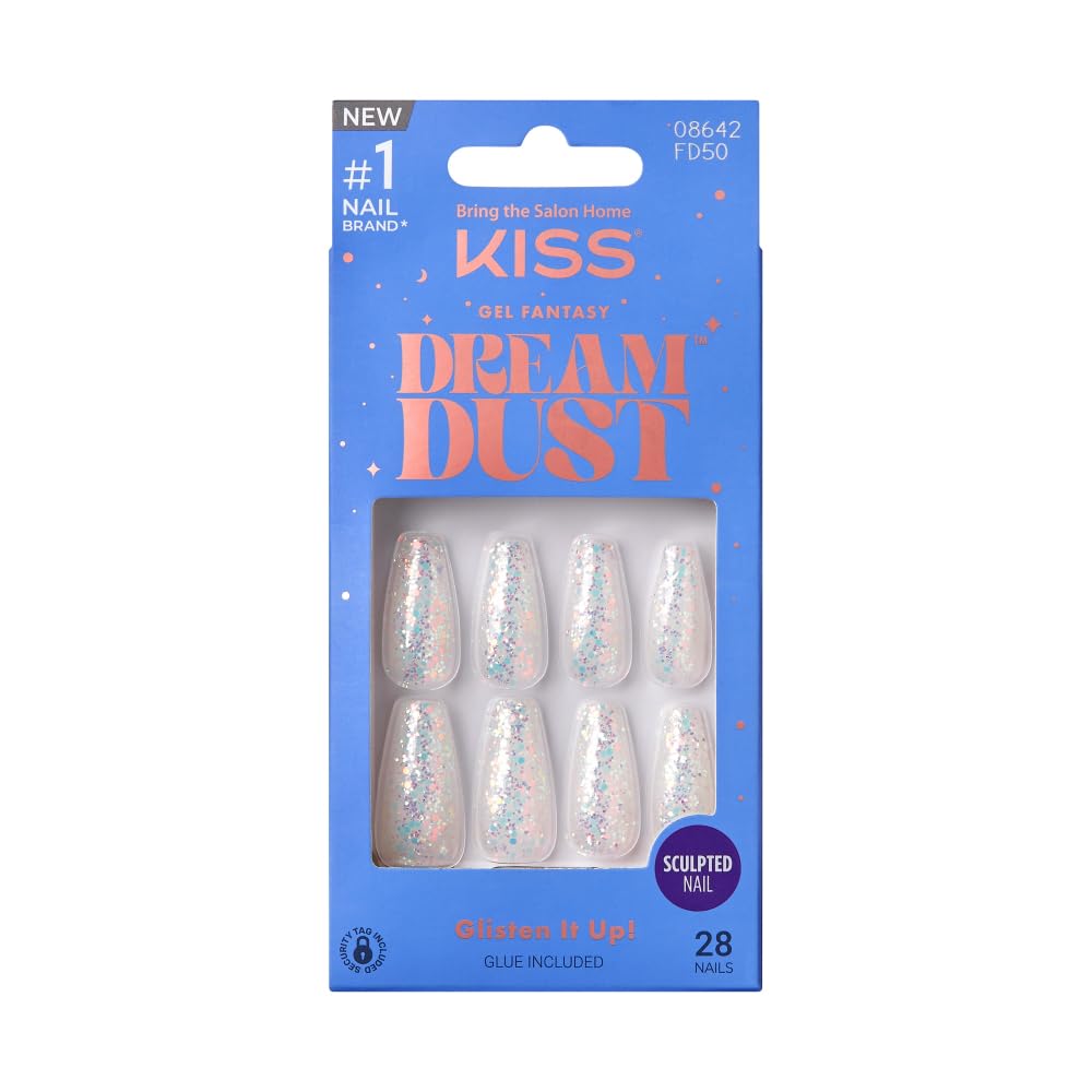 KISS Dreamdust Ongles gel prêt-à-porter en forme coffin avec paillettes blanches, look festif.