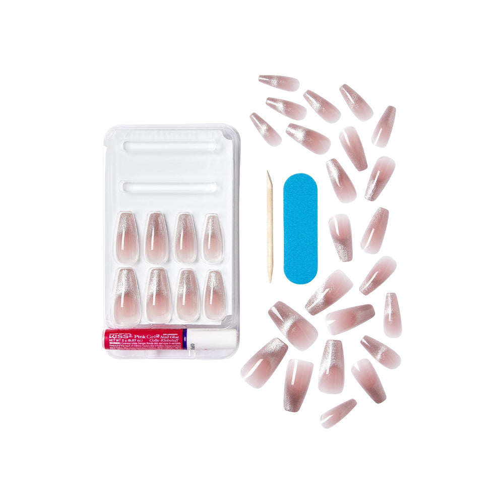 Ensemble KISS Gel Fantasy 28 ongles, tailles variées pour un ajustement précis.