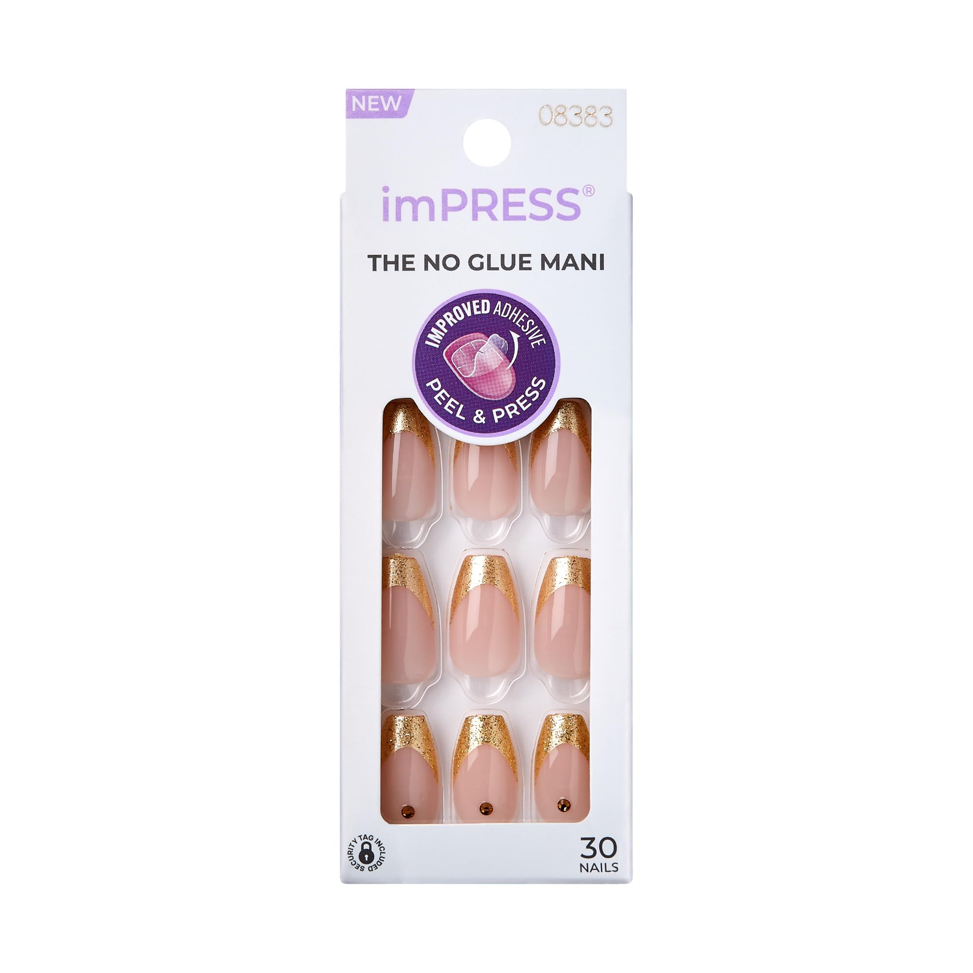KISS imPRESS No Glue Mani coffins-doré avec pointe française pour un look élégant