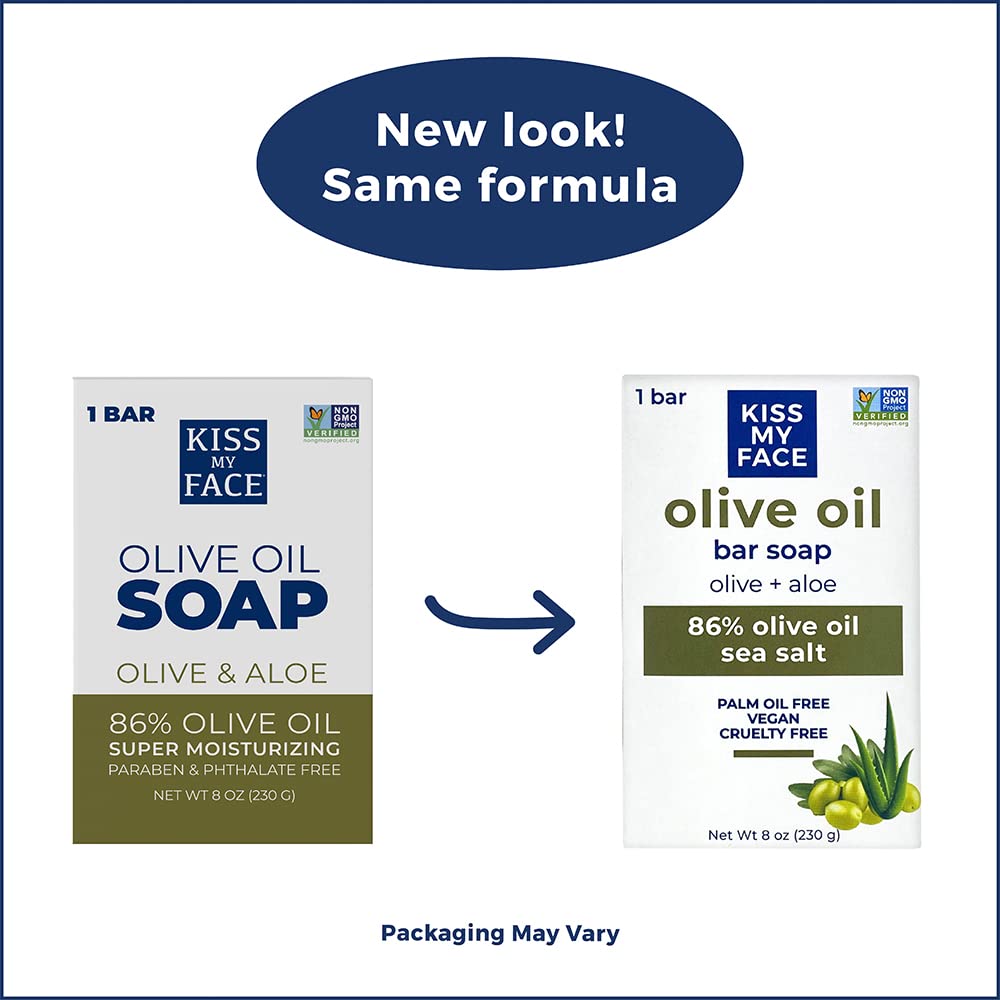 Application quotidienne douce avec le savon Kiss My Face Olive Aloe.