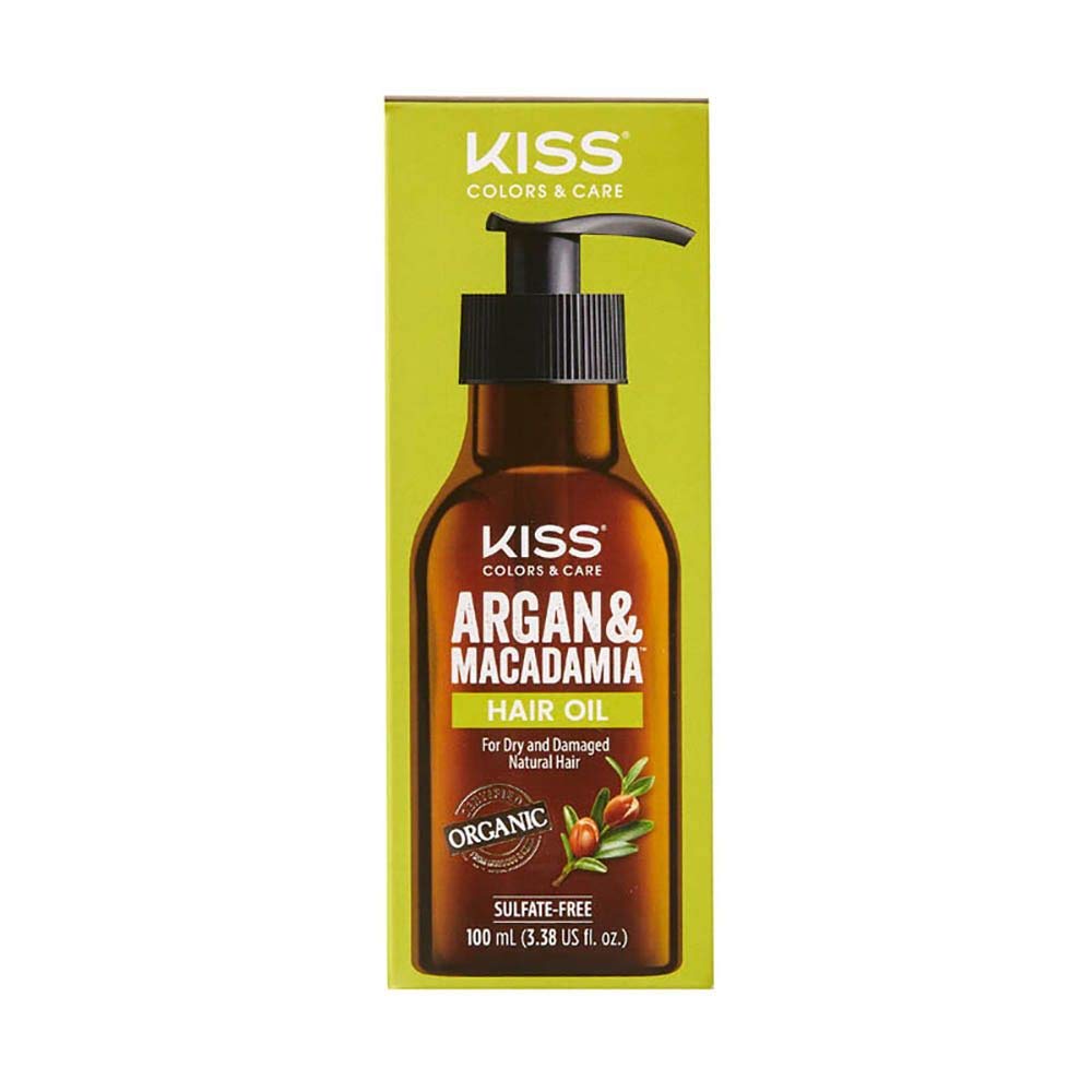 KISS Argan et Macadamia, bouteille d'huile réparatrice pour cheveux nourris et brillants.