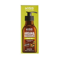 KISS Argan et Macadamia, bouteille d'huile réparatrice pour cheveux nourris et brillants.