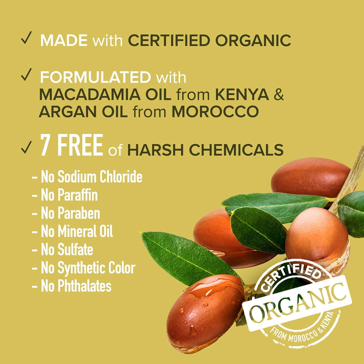 Ingrédients organiques à base d'huile de macadamia et d'argan.