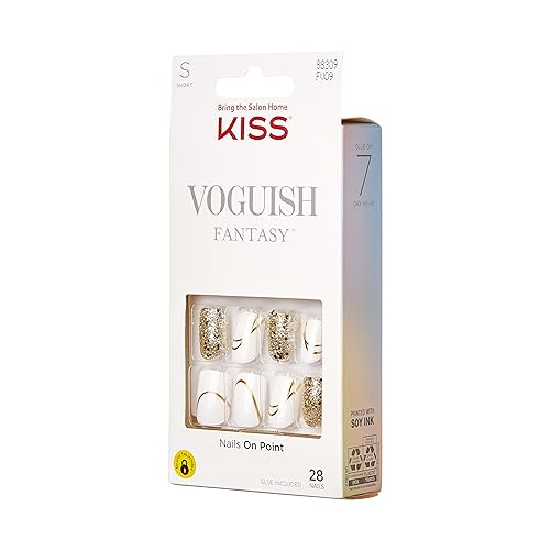 KISS Voguish Fantasy: ongles préfabriqués blancs courts squoval, pose efficace.