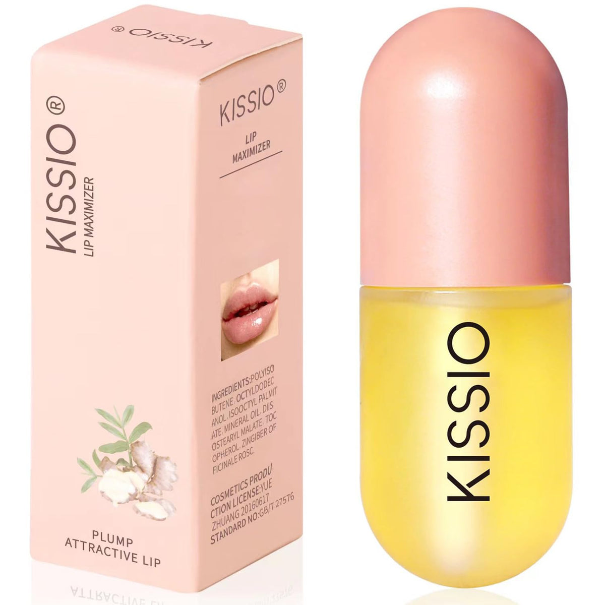 KISSIO plumpeur de lèvres dans sa bouteille compacte, pratique pour hydrater les lèvres en déplacement.