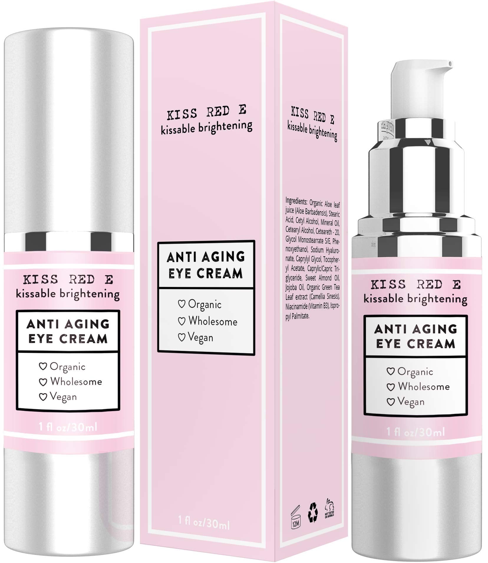 KissRedE Crème Yeux anti âge, bouteille airless argentée prête pour hydrater la peau délicate autour des yeux.