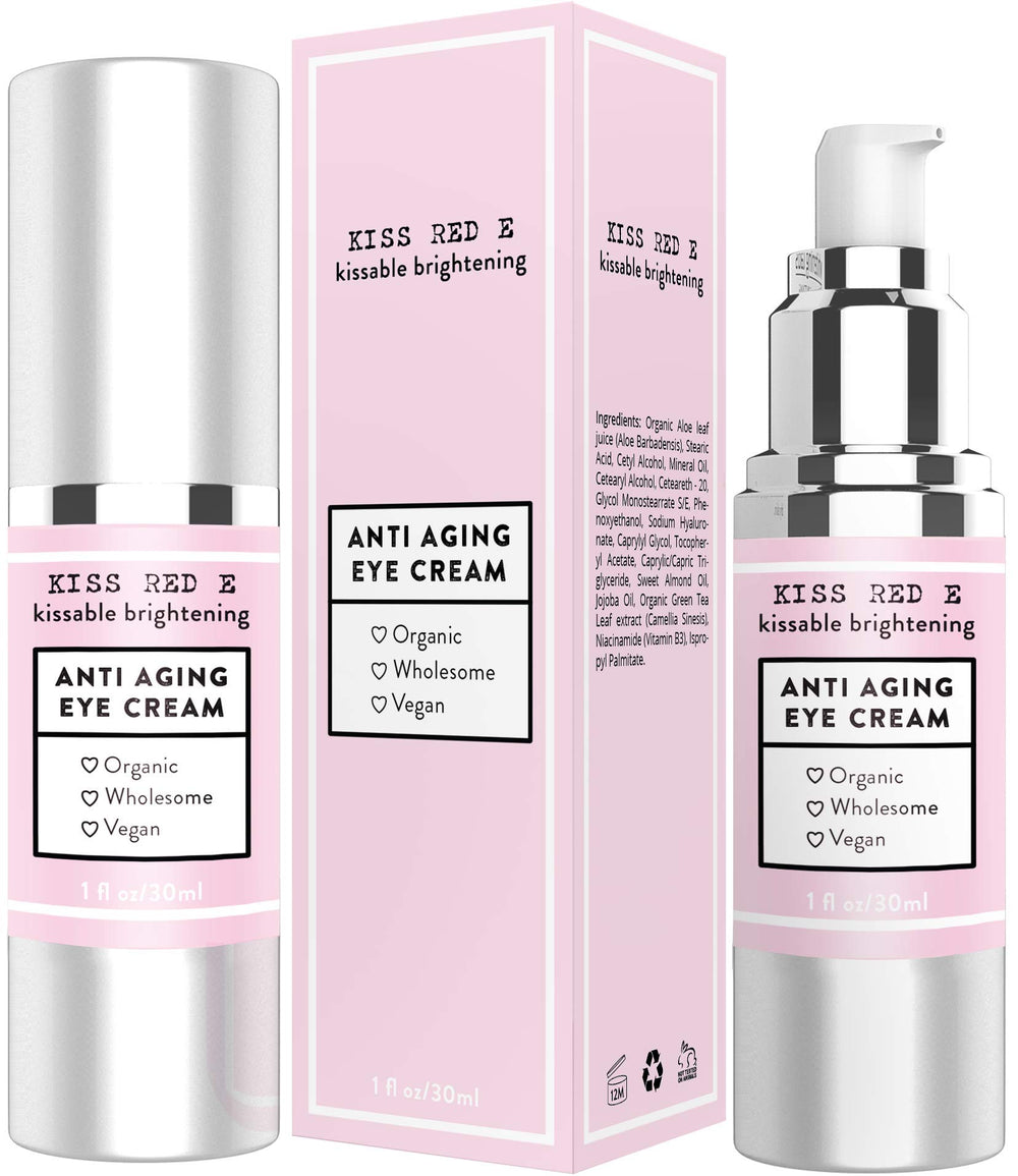 KissRedE Crème Yeux anti âge, bouteille airless argentée prête pour hydrater la peau délicate autour des yeux.