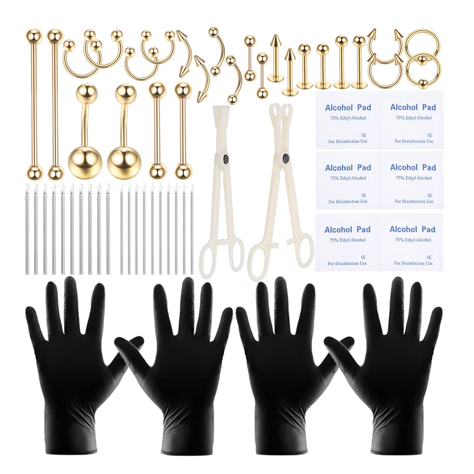 Kit piercings 58 pièces en acier chirurgical – ensemble prêt à l’emploi.