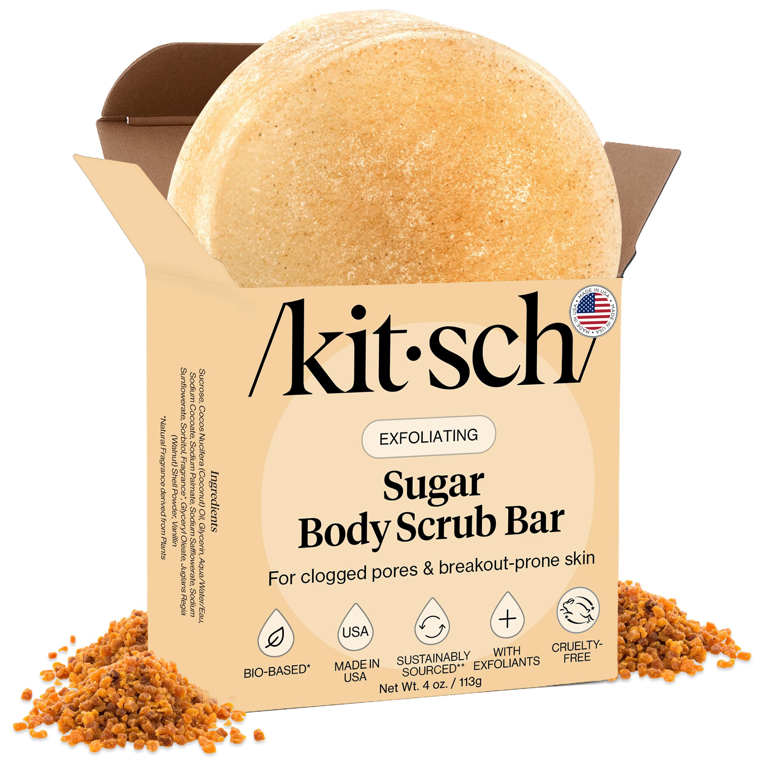 Kitsch barre exfoliante sucre corps, texture granuleuse pour peau douce.