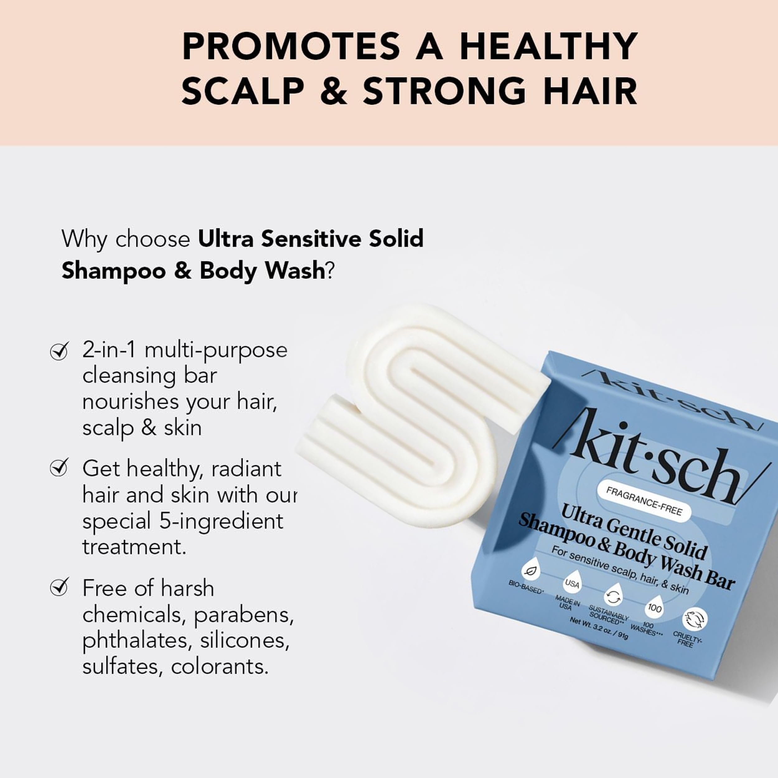 Kitsch barre-shampoing pH équilibré, couleur protégée et nettoyage doux.