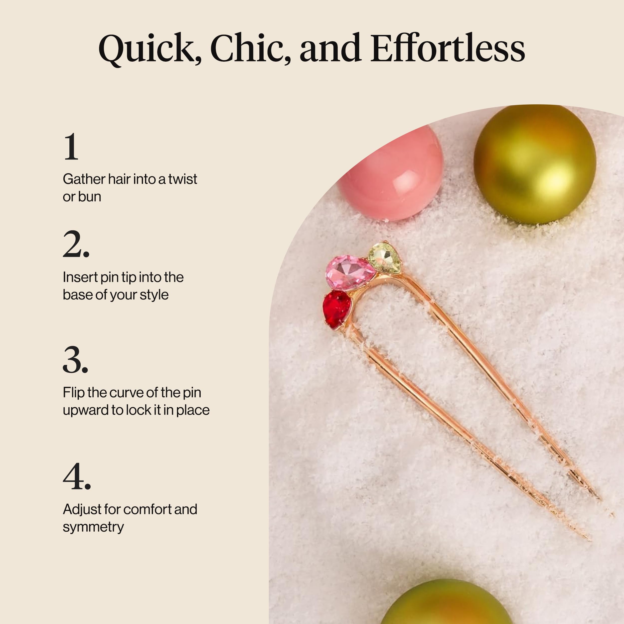 Barrette Kitsch qui glisse sans accrocs, adaptée à tous les types de cheveux.