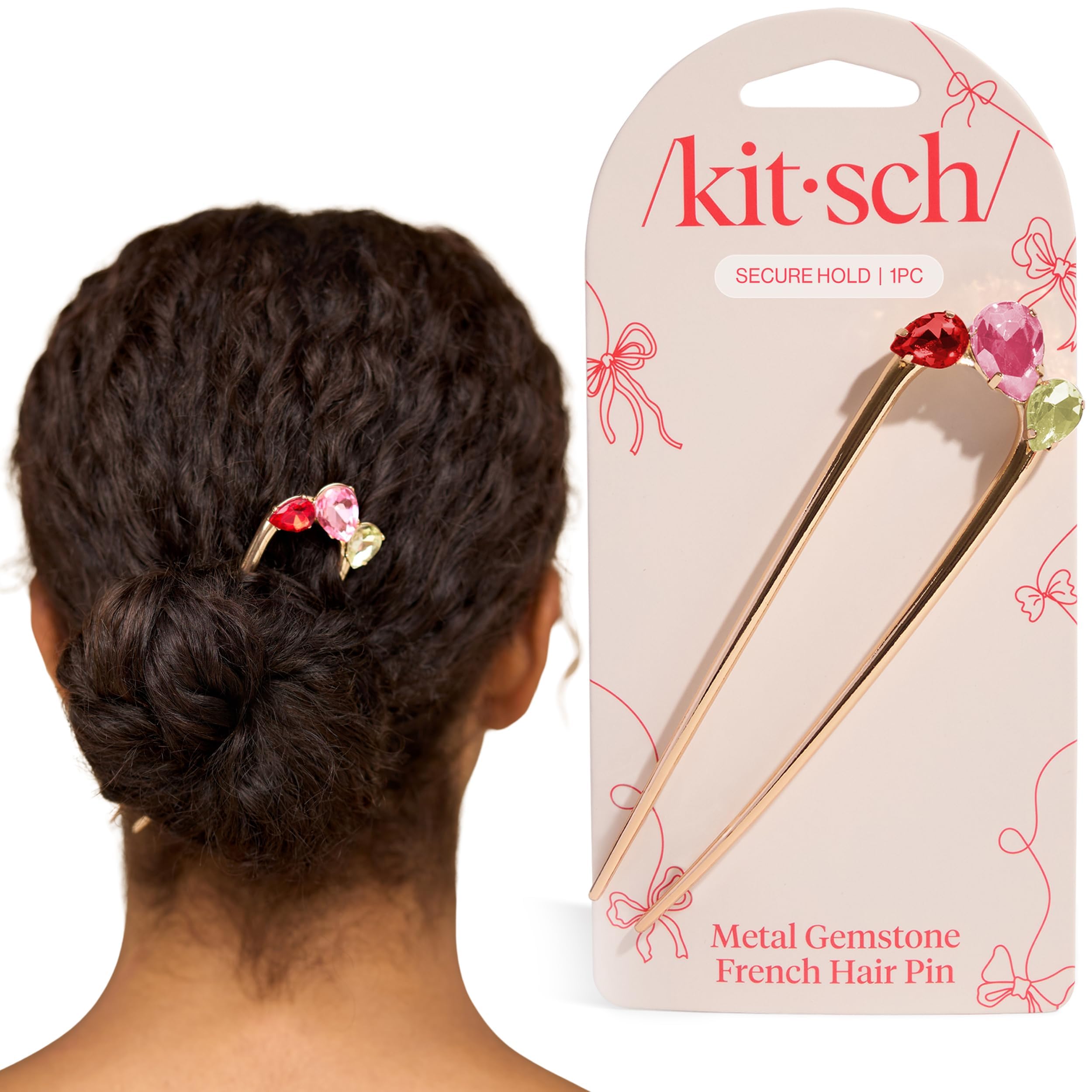 Barrette Kitsch en or avec gemmes rouges, idéale pour un chignon rapide et élégant.