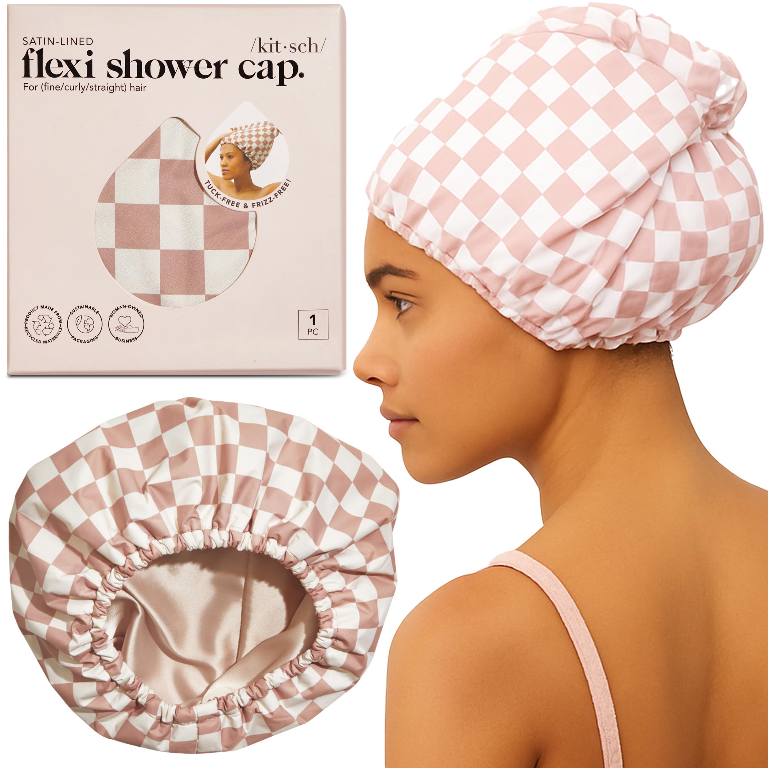 Kitsch bonnet-douche avec motif damier terracotta pour cheveux protégés et sans fuite.