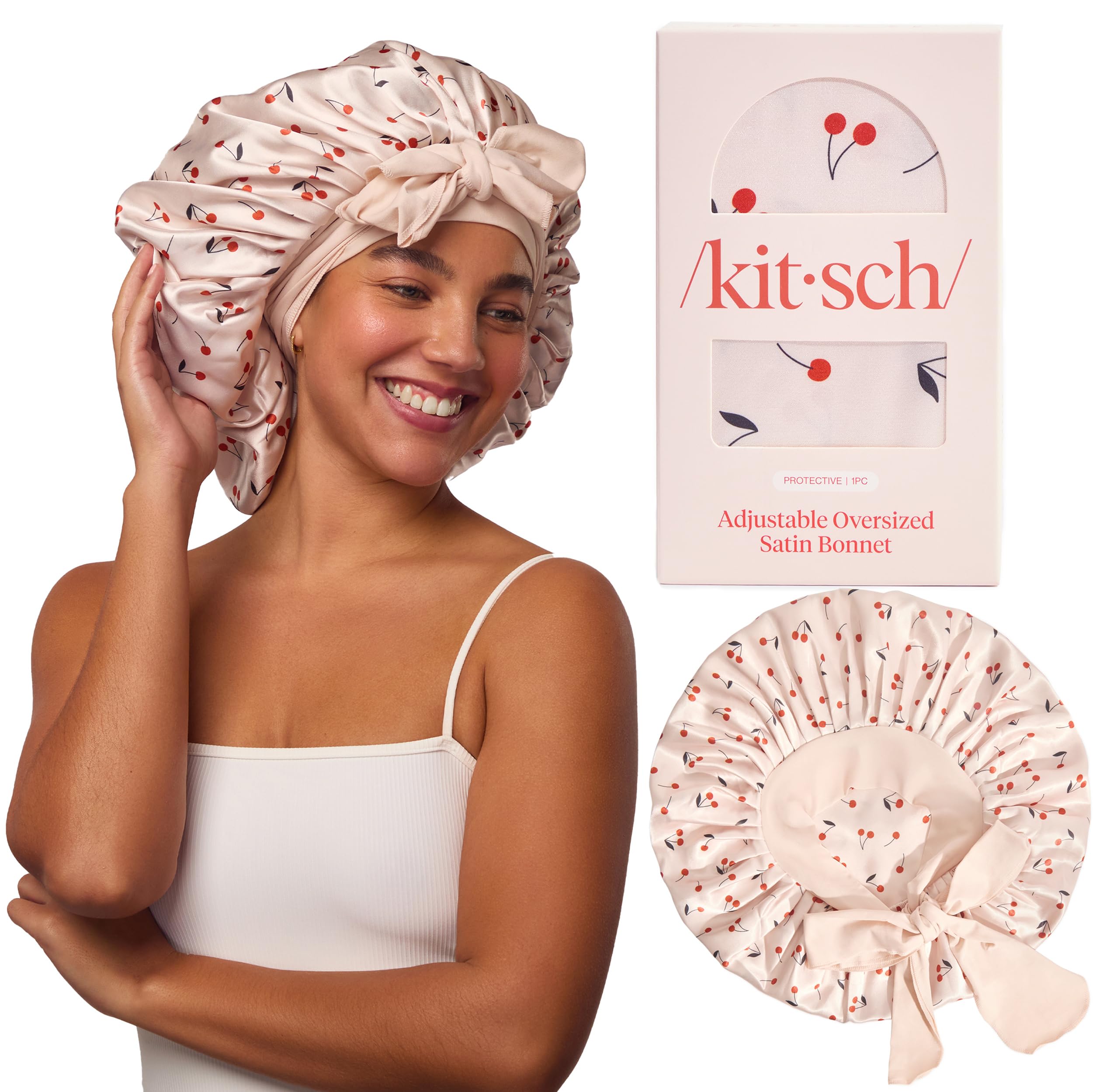 Bonnet satin XL Kitsch, imprimé cerise, protège les cheveux des frottements nocturnes.