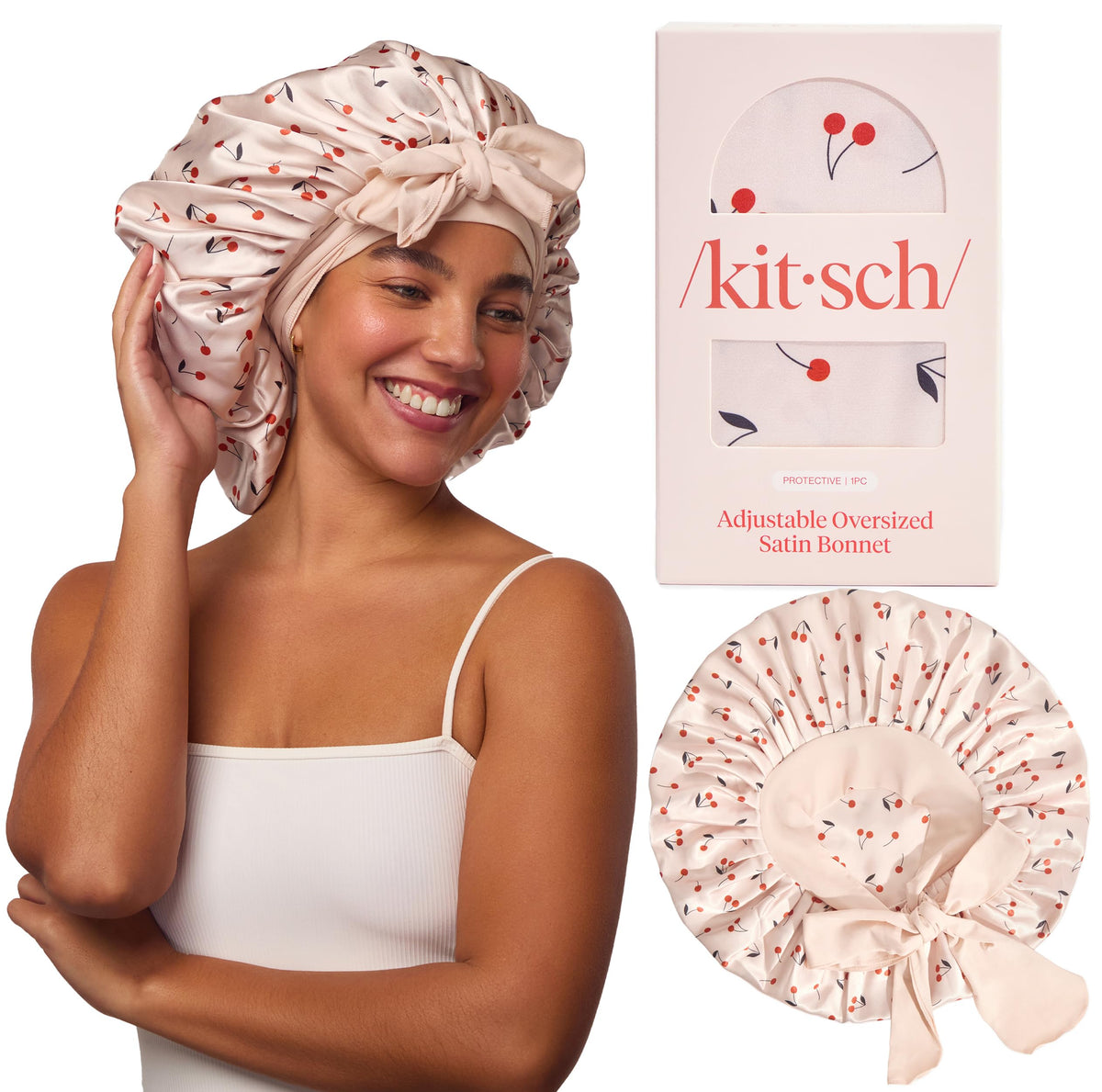Bonnet satin XL Kitsch, imprimé cerise, protège les cheveux des frottements nocturnes.