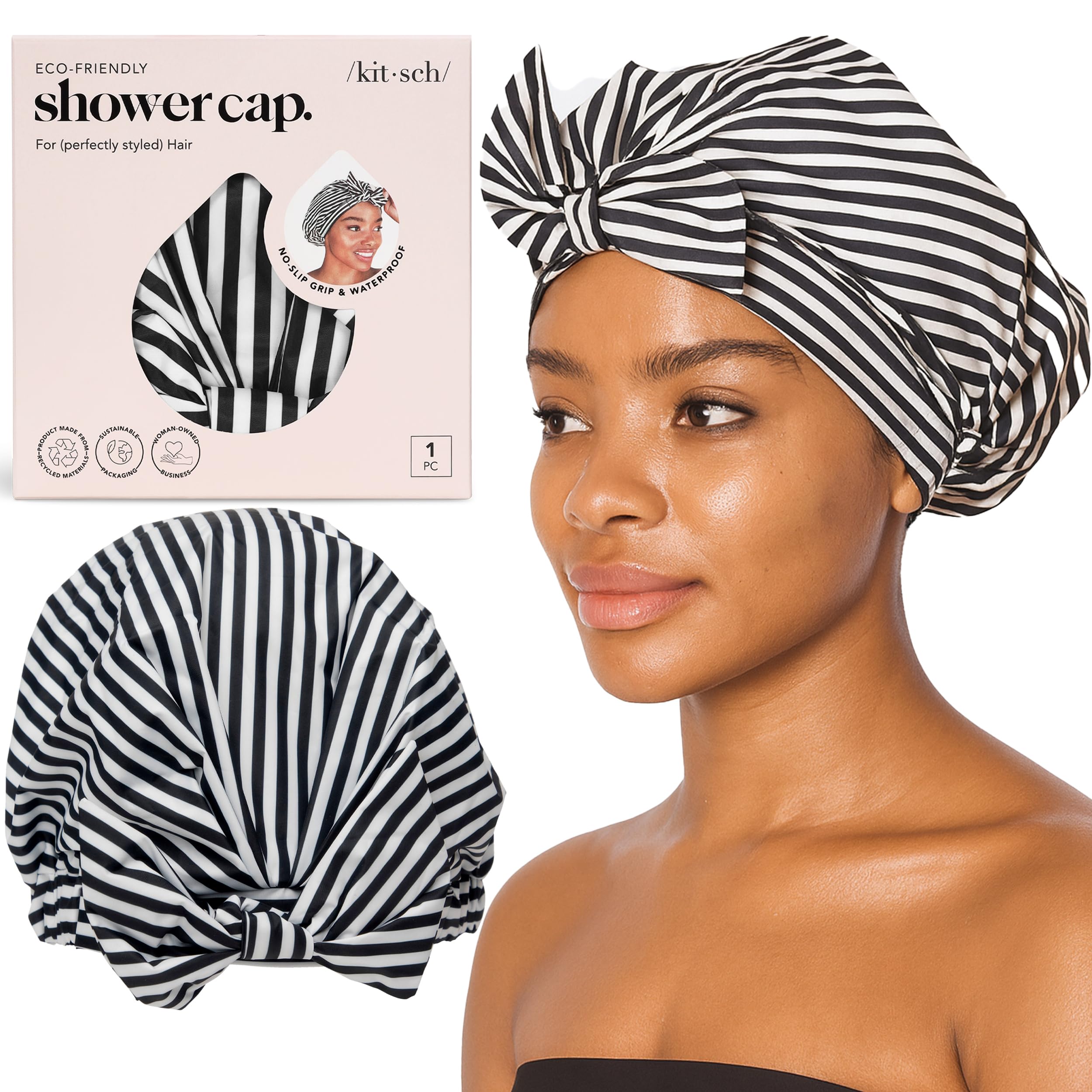 Capuchon de douche Kitsch à rayures, protège les cheveux tout en style.
