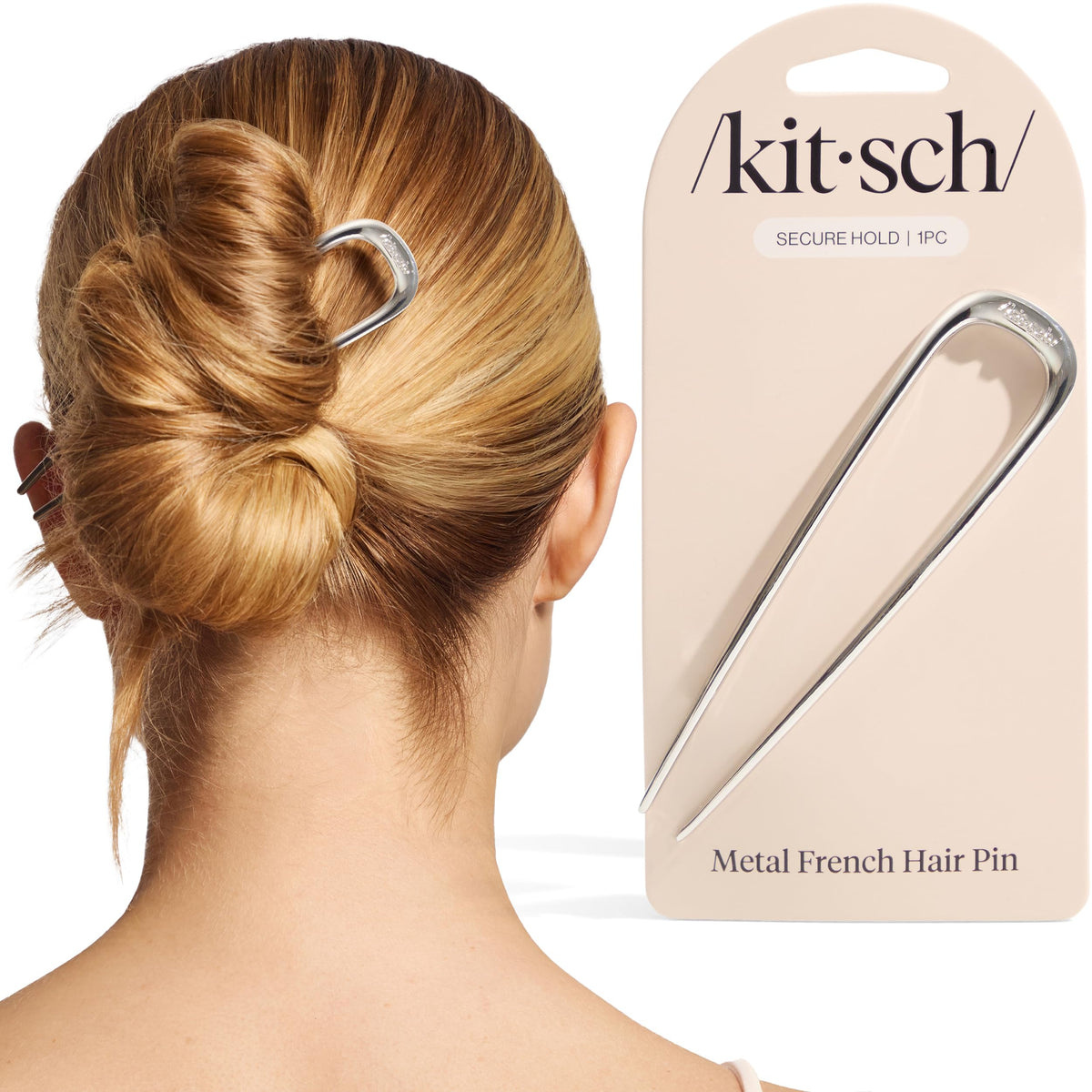 Épingle Kitsch à cheveux en métal Français argenté, pour un chignon élégant et sûr.