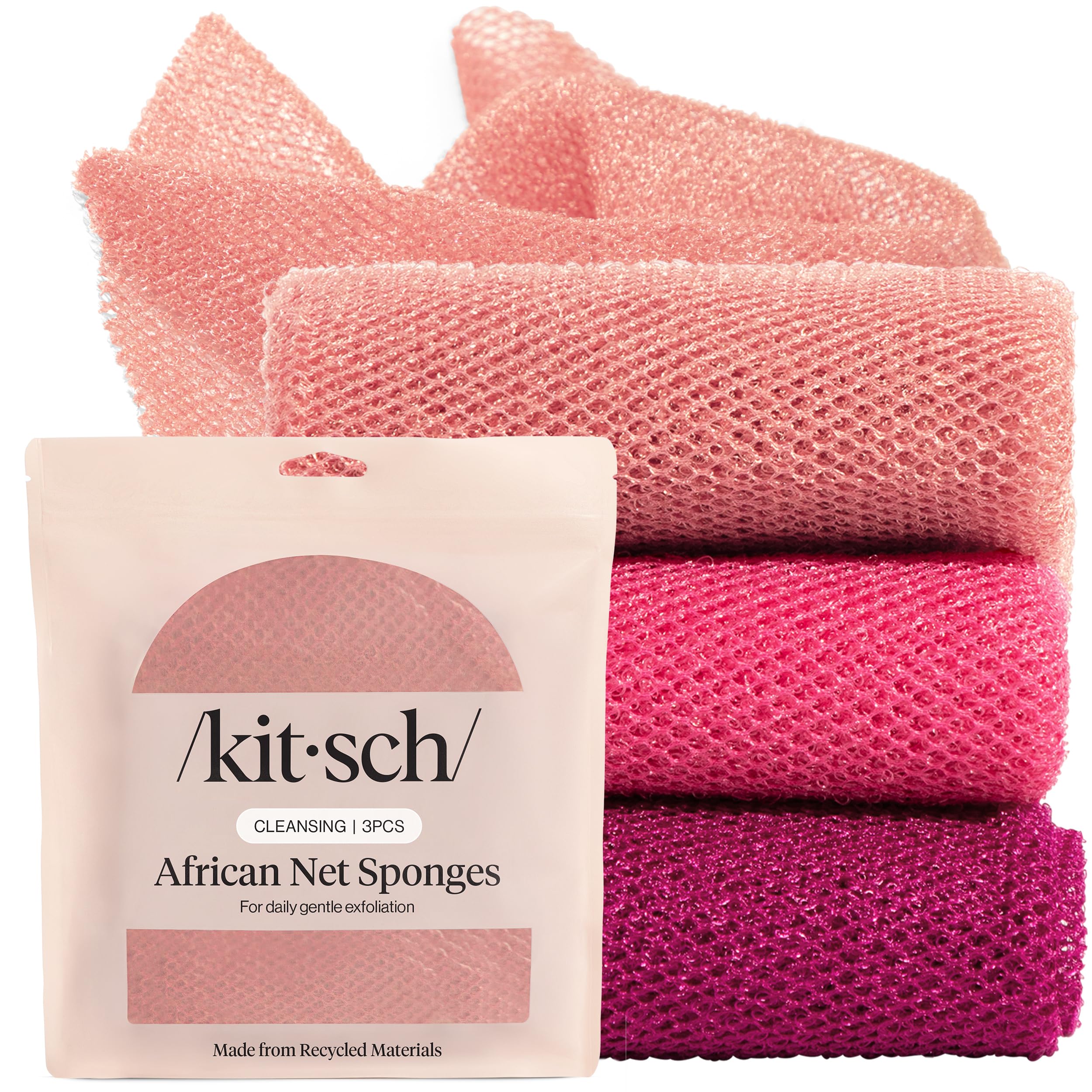 Éponge réseau africain Kitsch Berry Pink, trio pratique pour exfolier tout le corps.
