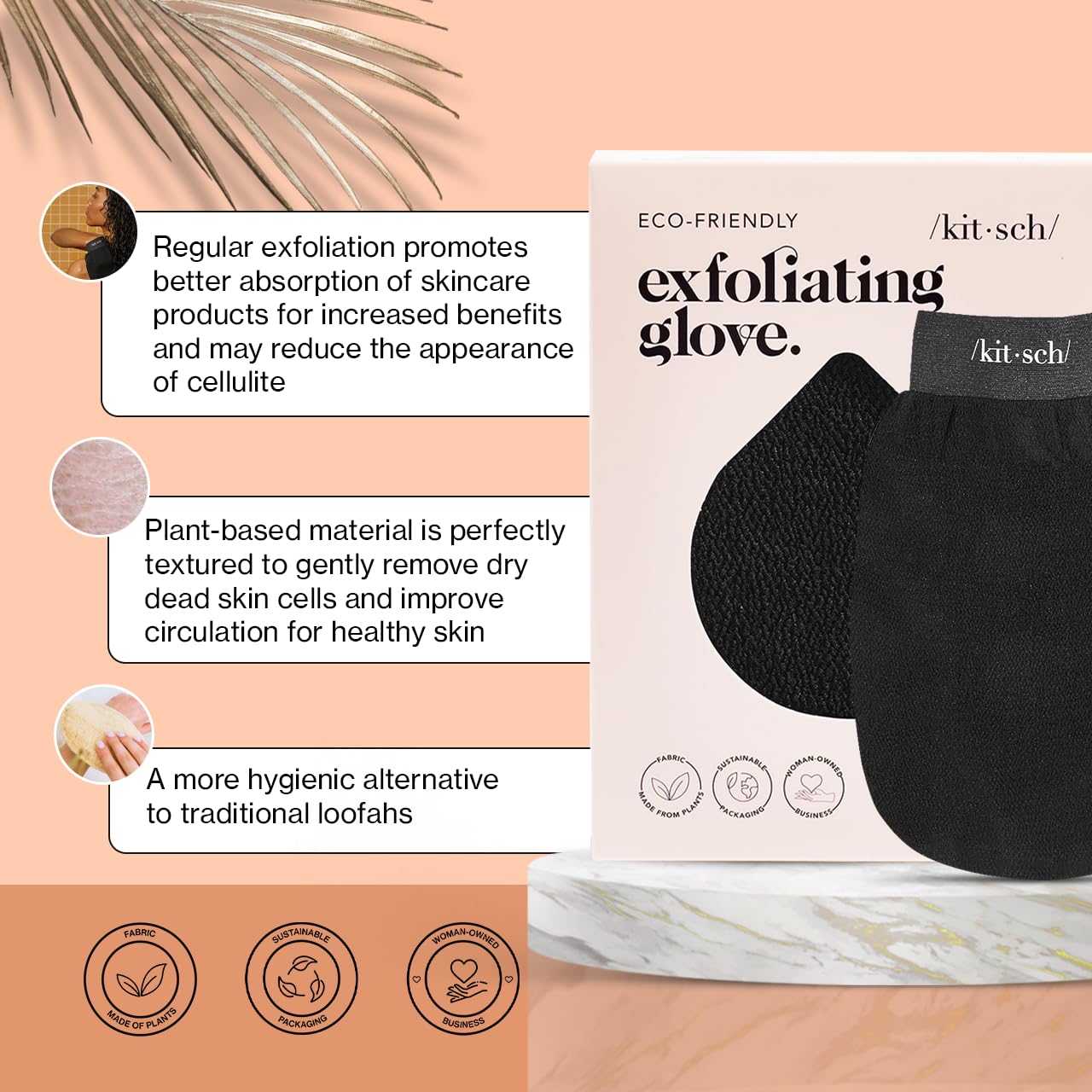 Gant exfoliant Kitsch utilisé sur les jambes et les bras pour une peau plus lisse