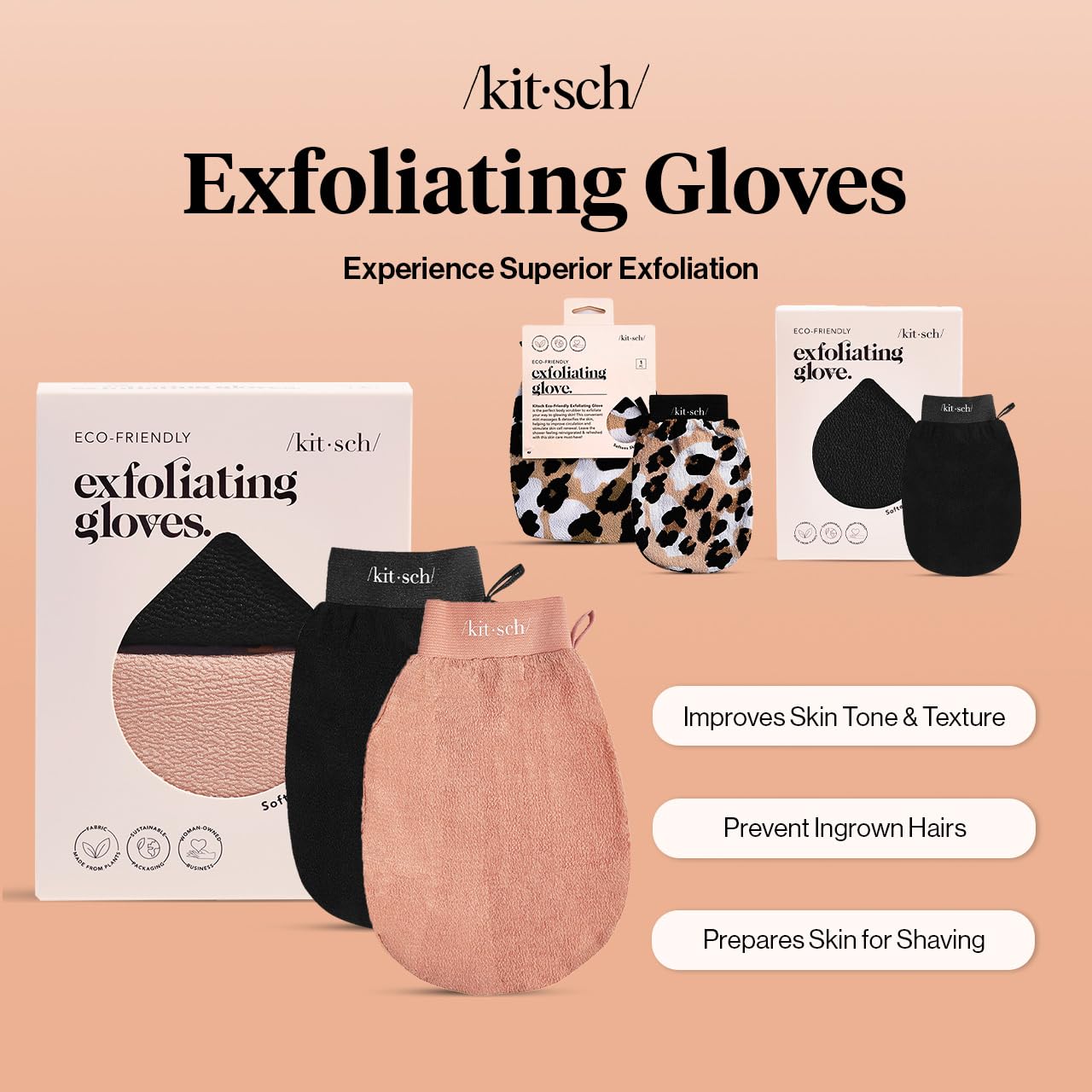 Kitsch gants exfoliants noirs, gommage efficace au quotidien.