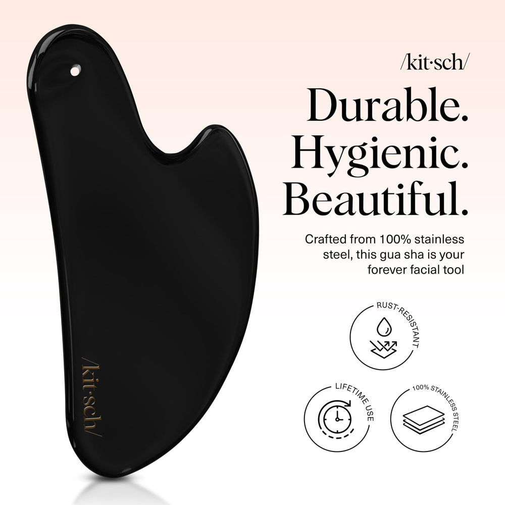 Kitsch gua sha en acier inoxydable pour massage du menton et contour du visage.