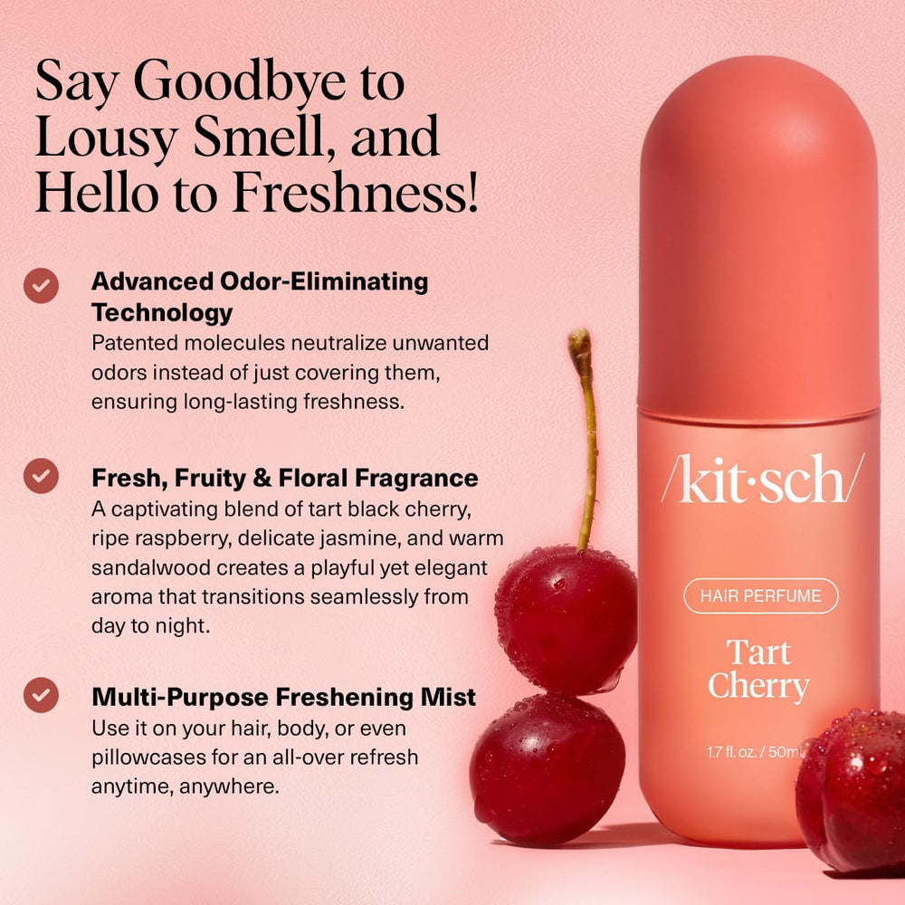 Kitsch parfum pour cheveux Cerise acide, appliquer sur longueurs pour fraîcheur durable.