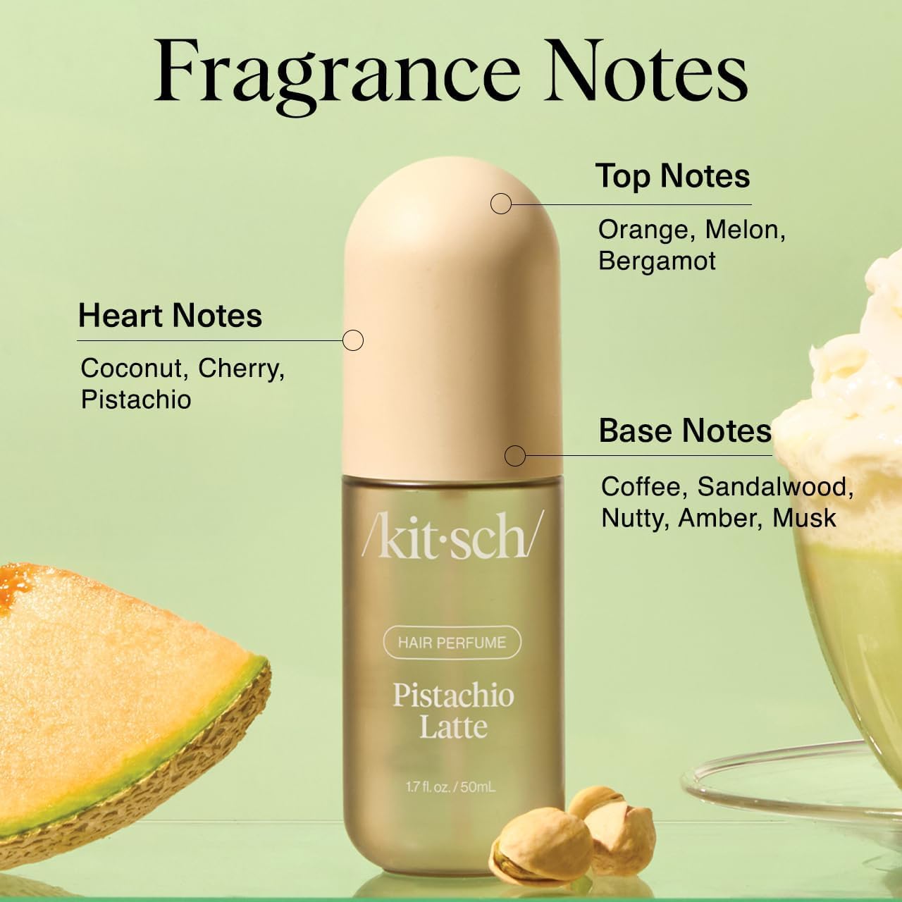 Kitsch Hair Perfume Pistache Latte, application sur cheveux pour une senteur gourmande durable.