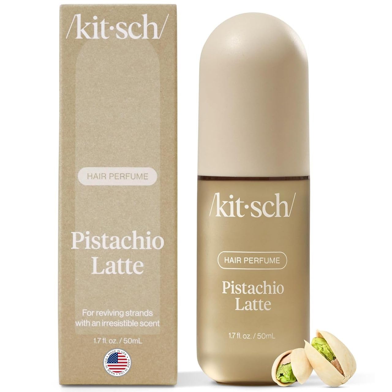 Kitsch Hair Perfume Pistache Latte, bouteille élégante offrant une diffusion durable du parfum.