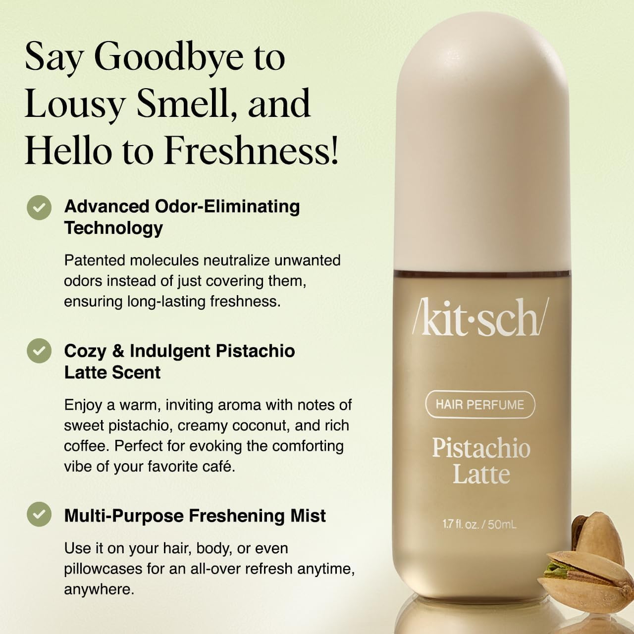 Kitsch Hair Perfume Pistache Latte, emballage compact et recyclable pour une fraîcheur nomade.
