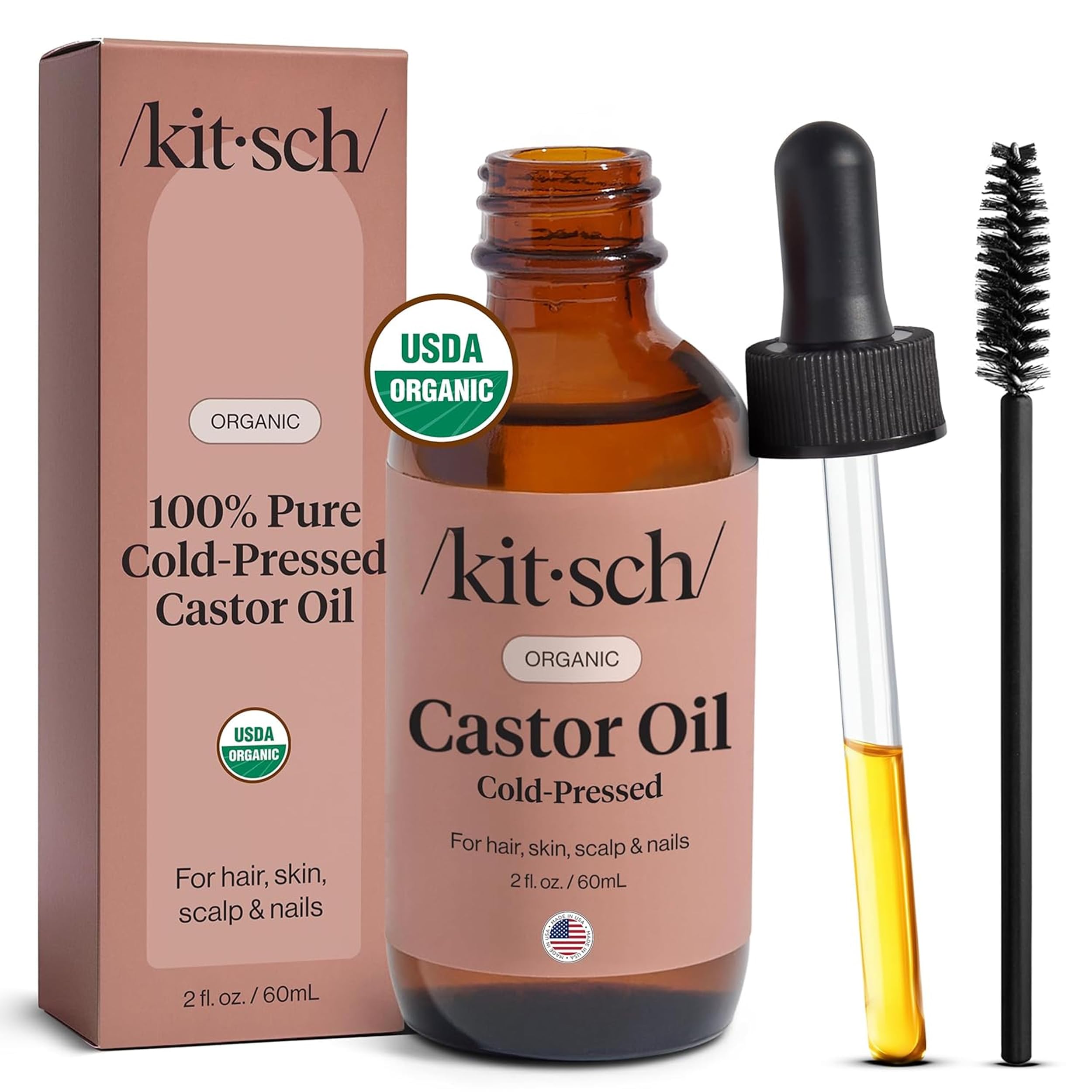 Kitsch huile de ricin biologique — flacon en verre prêt à l'utilisation pour soins capillaires.