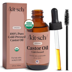 Kitsch huile de ricin biologique — flacon en verre prêt à l'utilisation pour soins capillaires.