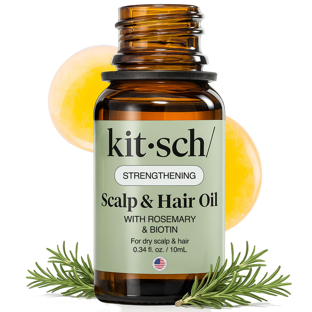 Kitsch huile romarin bouteille sur fond clair, soin nourrissant pour le cuir chevelu