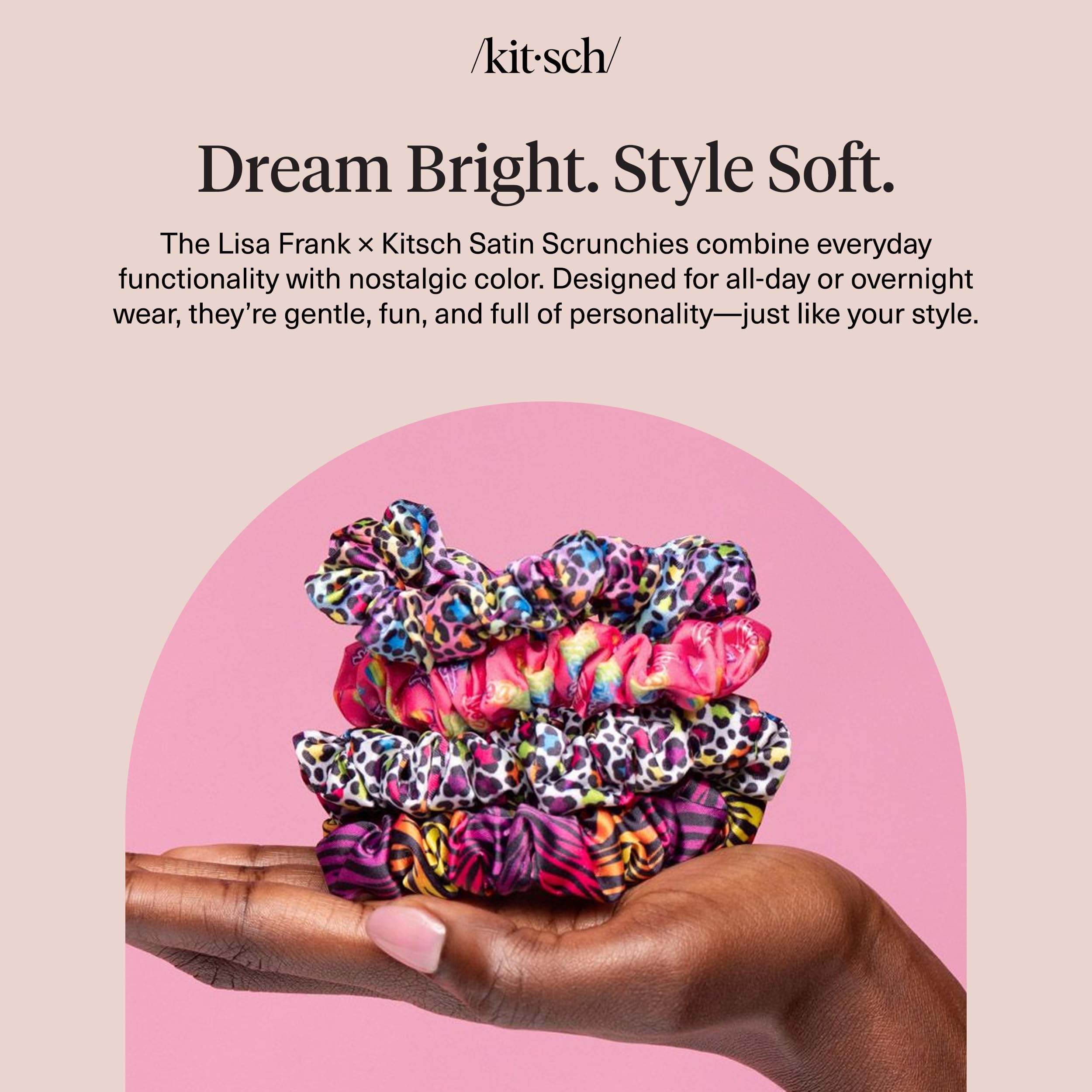 Elasticité durable et douceur, chouchous satin Lisa Frank x Kitsch pour usage quotidien.