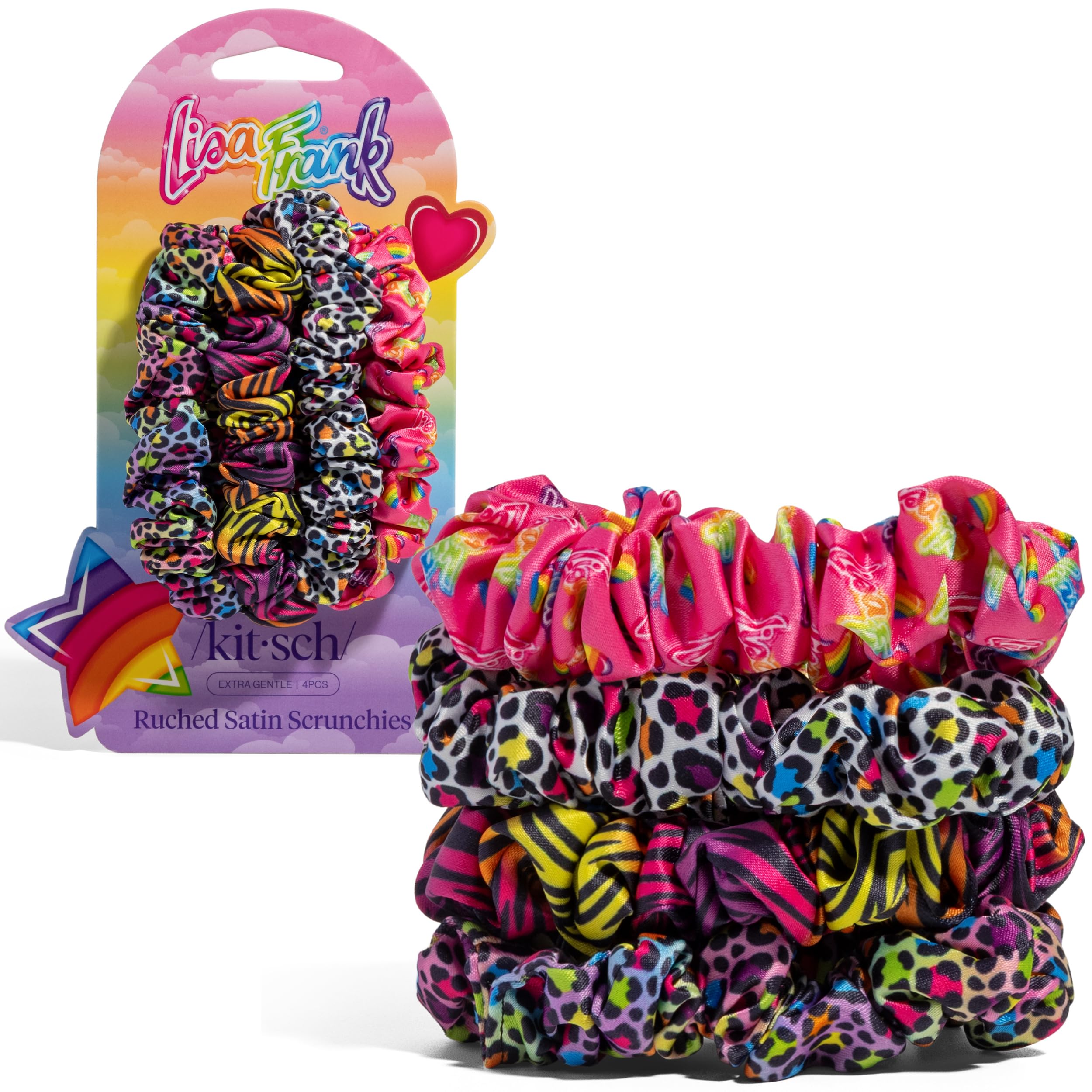 Chouchous Lisa Frank x Kitsch satin Léopard arc-en-ciel, ensemble chic et pratique.