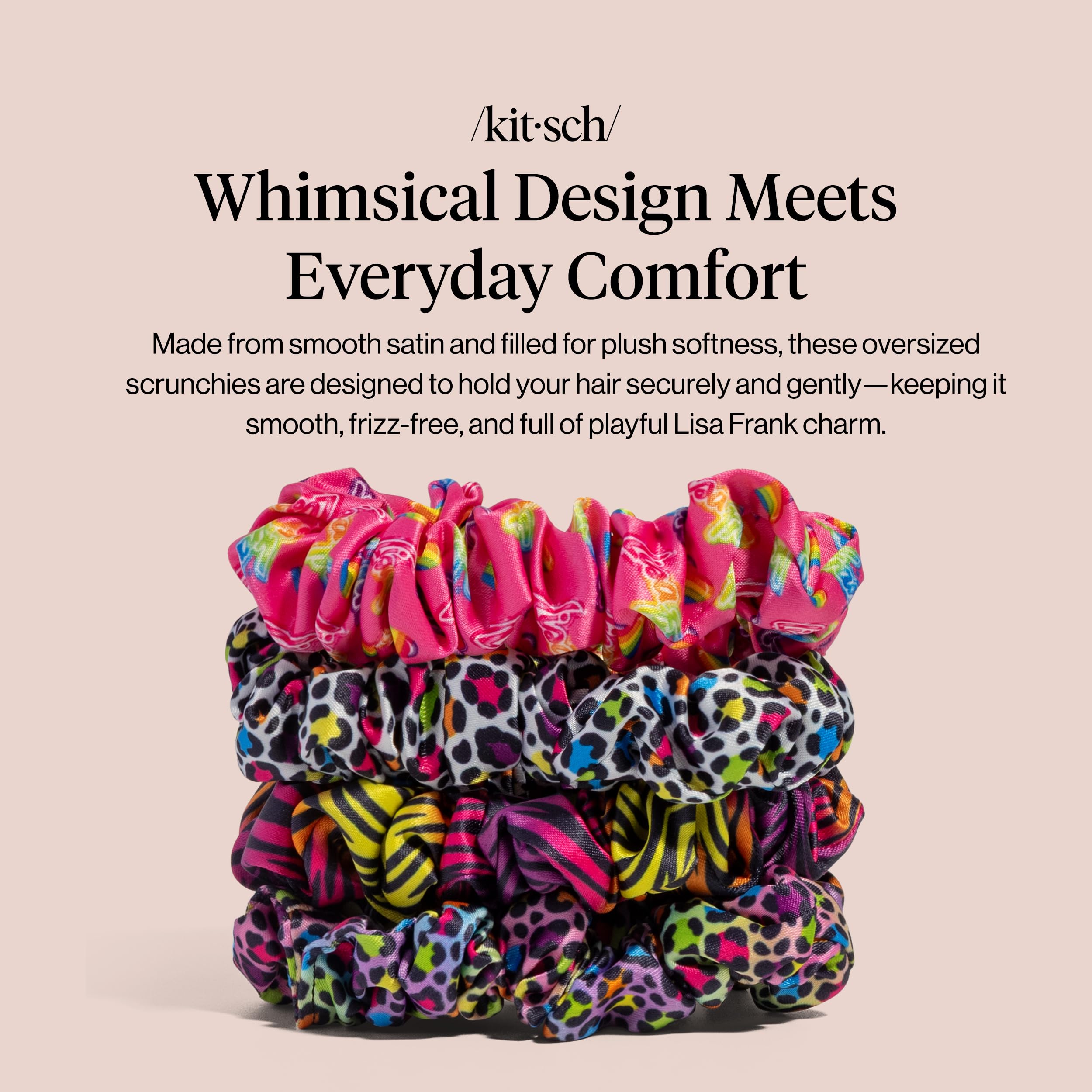 Texture satin douce du chouchou Lisa Frank x Kitsch pour cheveux sensibles.