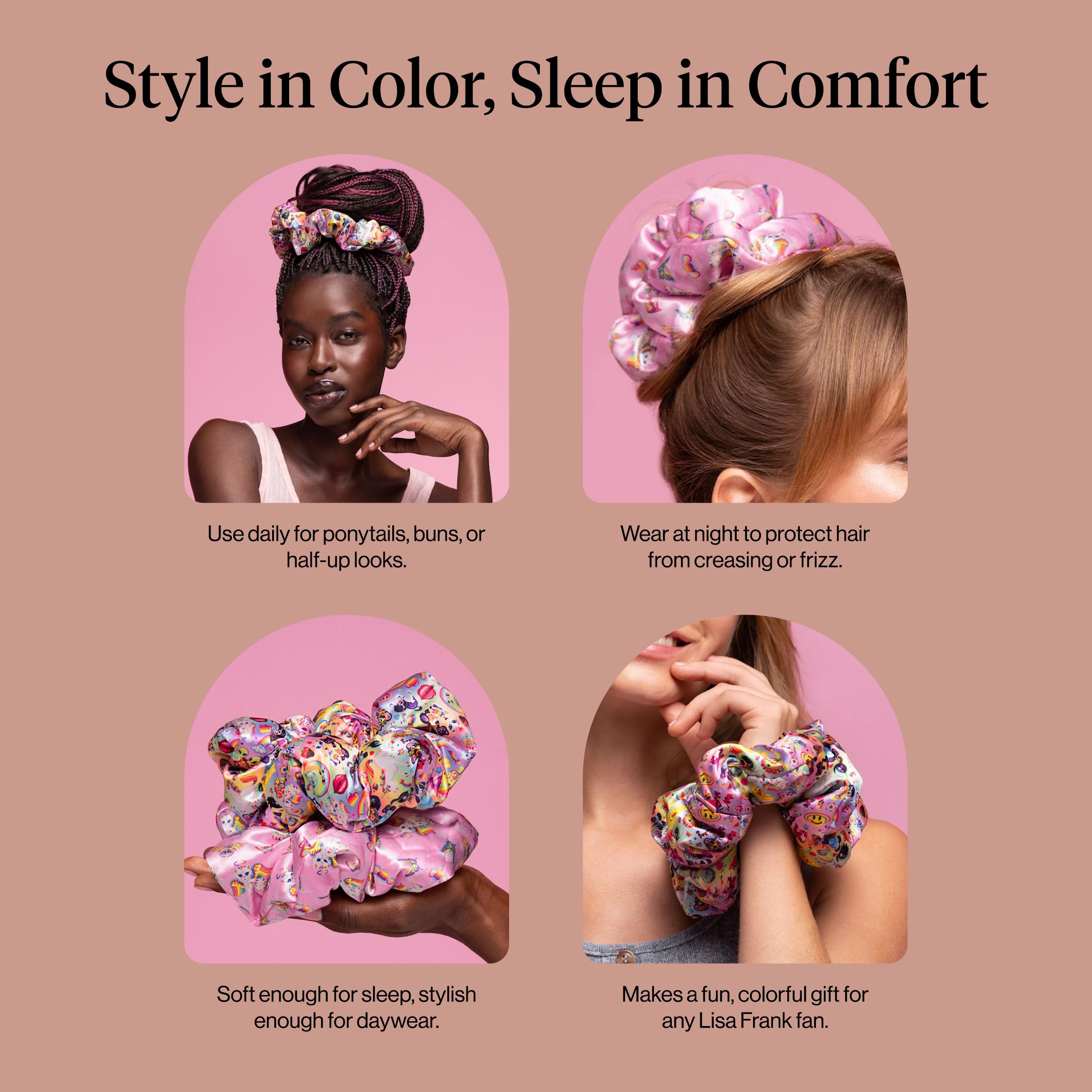 Kitsch Lisa Frank satin scrunchies grande taille, idéal pour cheveux épais ou texturés.