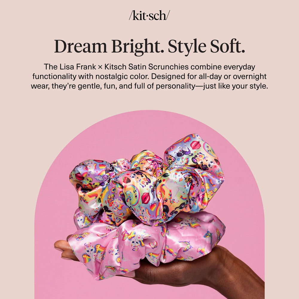 Texture satin Lisa Frank scrunchies, toucher soyeux et maintien léger.