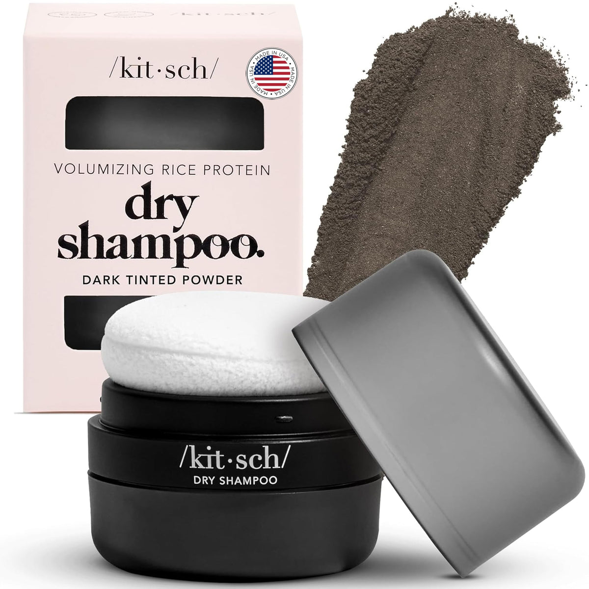 Kitsch poudre sèche cheveux avec pouf intégré pour retouche rapide et propre.