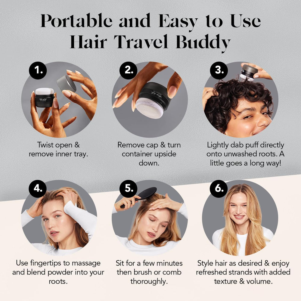 Kitsch poudre sèche cheveux sans résidu blanc pour fini naturel.