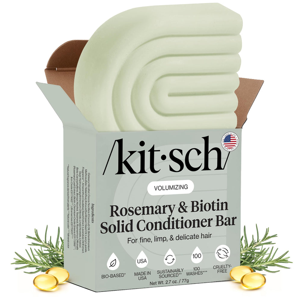 Kitsch romarin-biotin barre-après-shampooing: épaissit les mèches et apporte du volume.