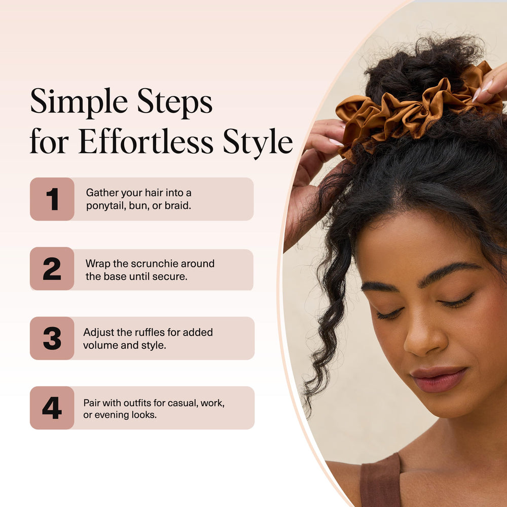 Kitsch Scrunchie usage quotidien, porté en coiffure simple et tendance camel.