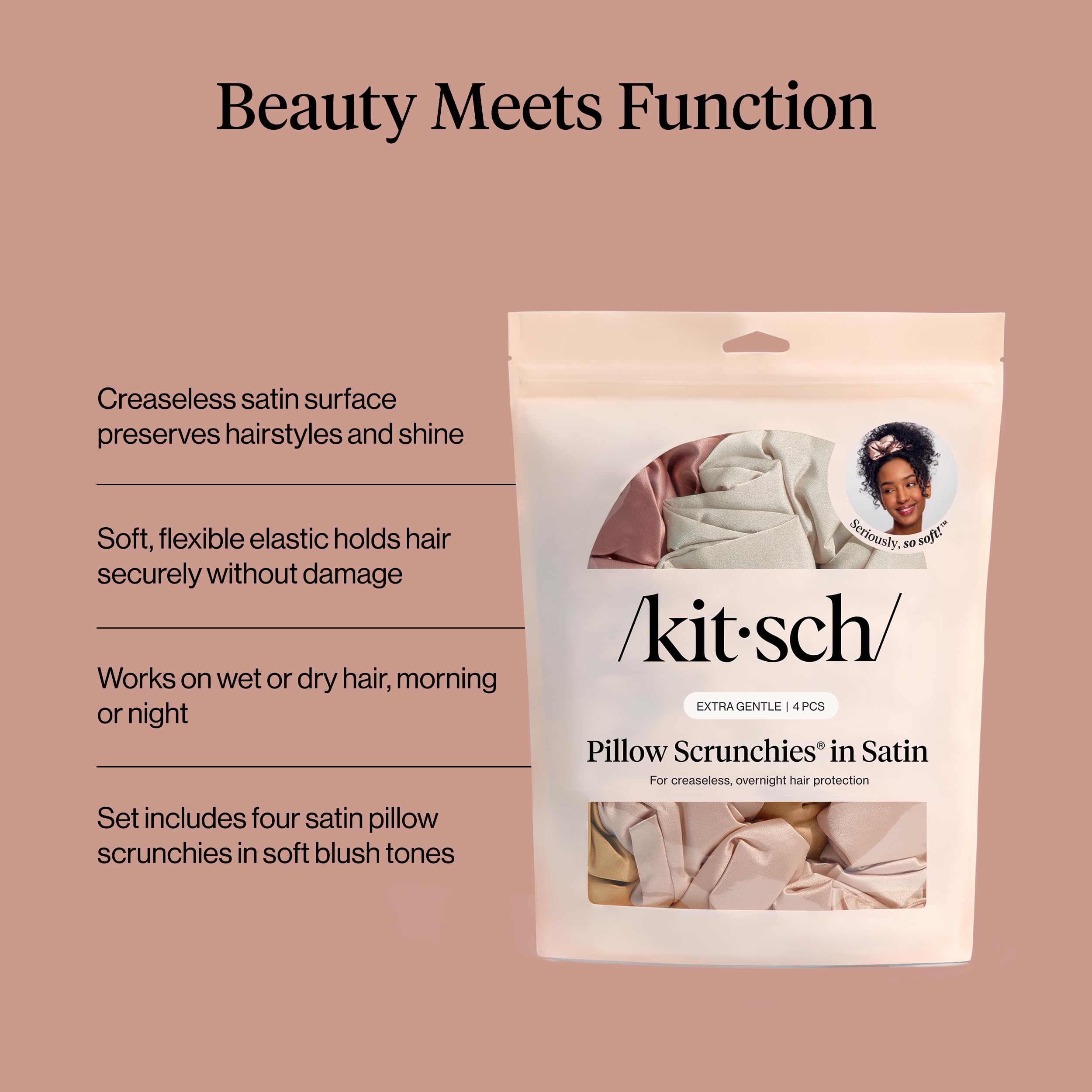 Kitsch scrunchies satin rose – sans pli et légère pour dormir.
