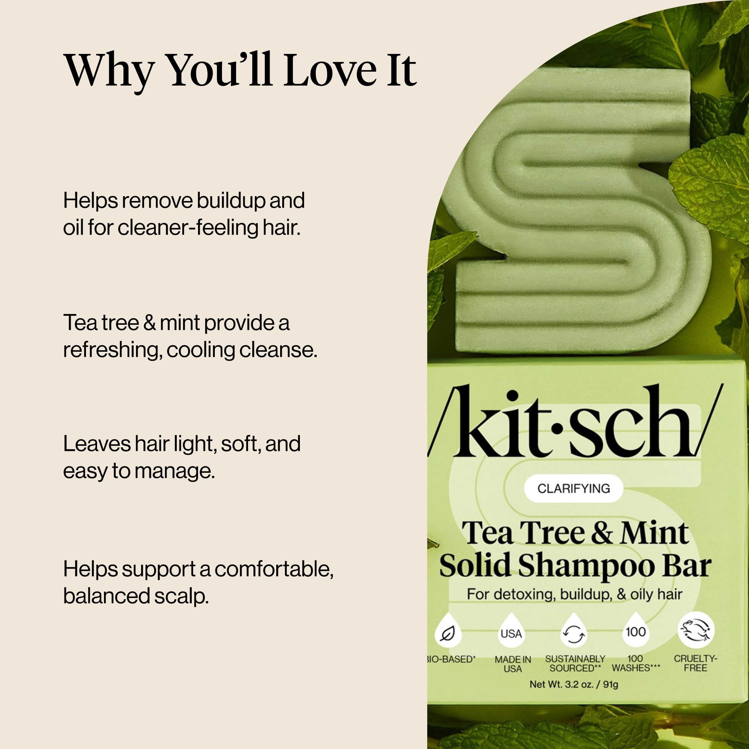 Kitsch Shampoing-bar Tea Tree Mint parfum frais, revitalisant pour cheveux propres