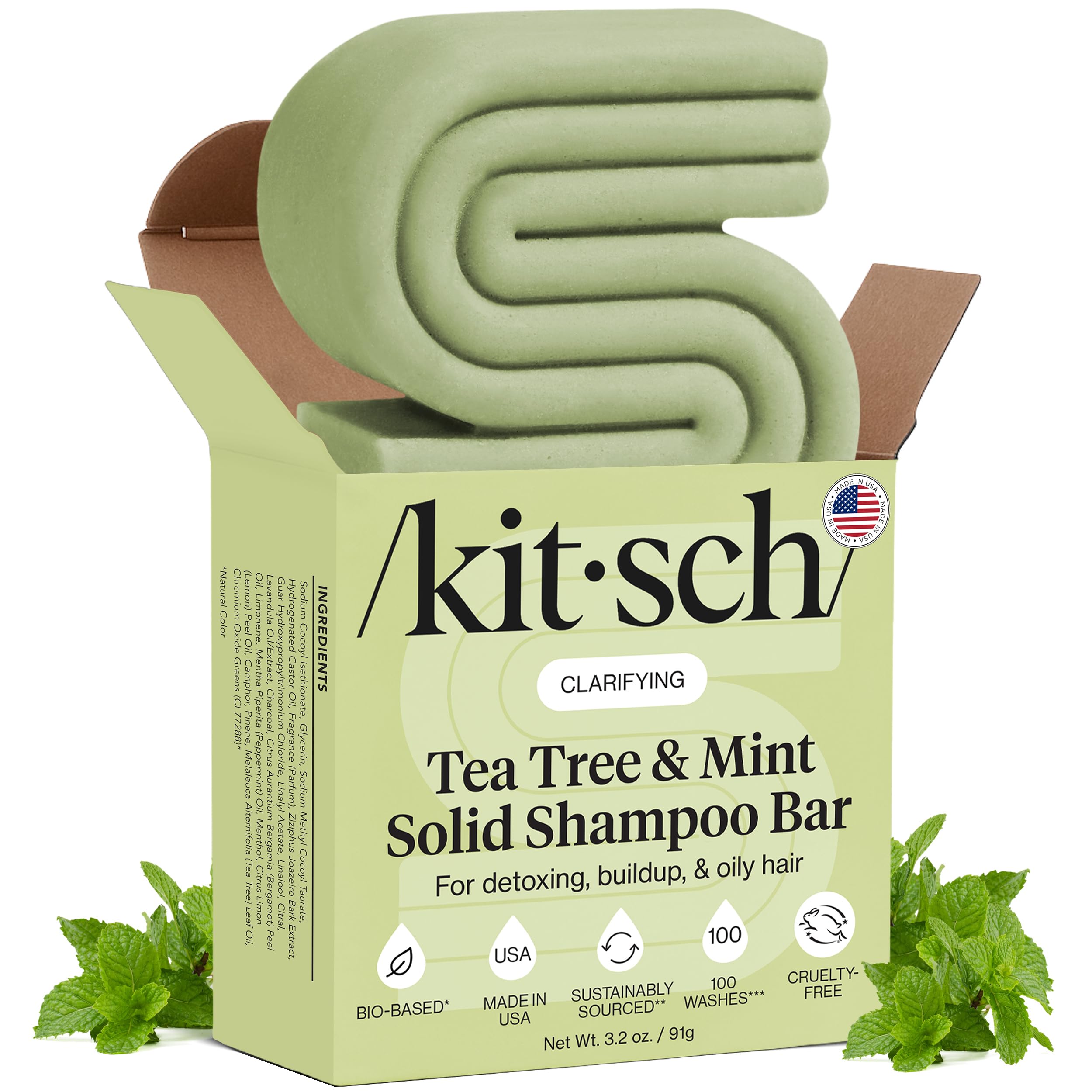 Kitsch Shampoing-bar Tea Tree Mint clarifiant pour cuir chevelu et longueurs, hygiène accrue