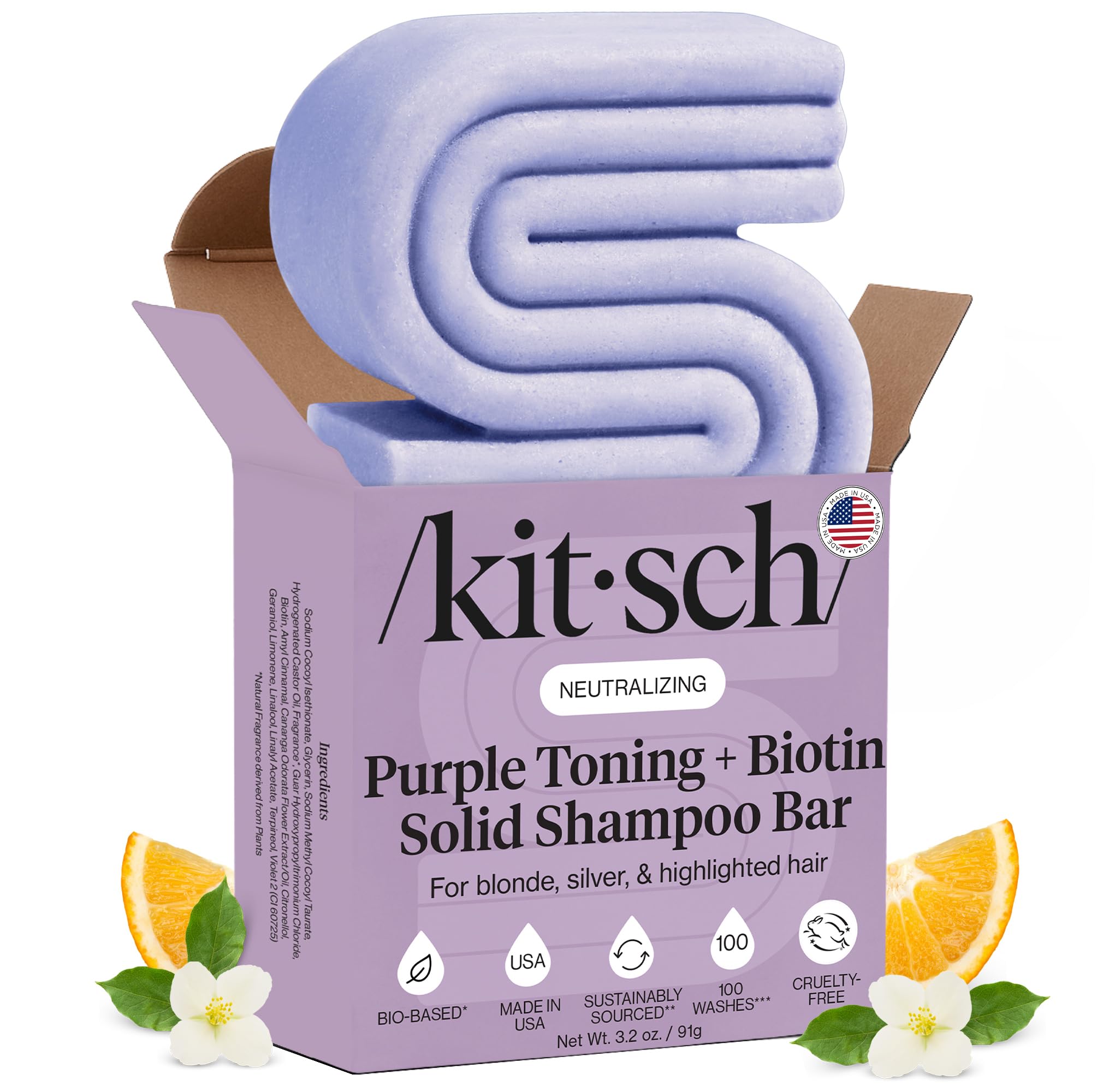Kitsch Shampoing Solide Tonifiant Violet pour blondes neutralise les tons jaunes.