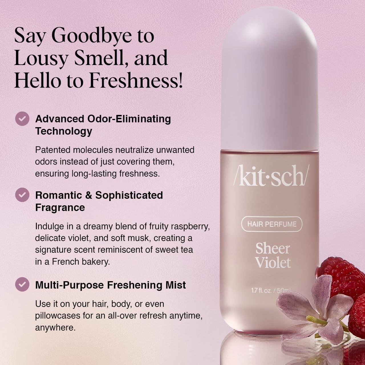 Kitsch Sheer Violet – Brume parfumée pour cheveux et corps, fraîche et polyvalente.