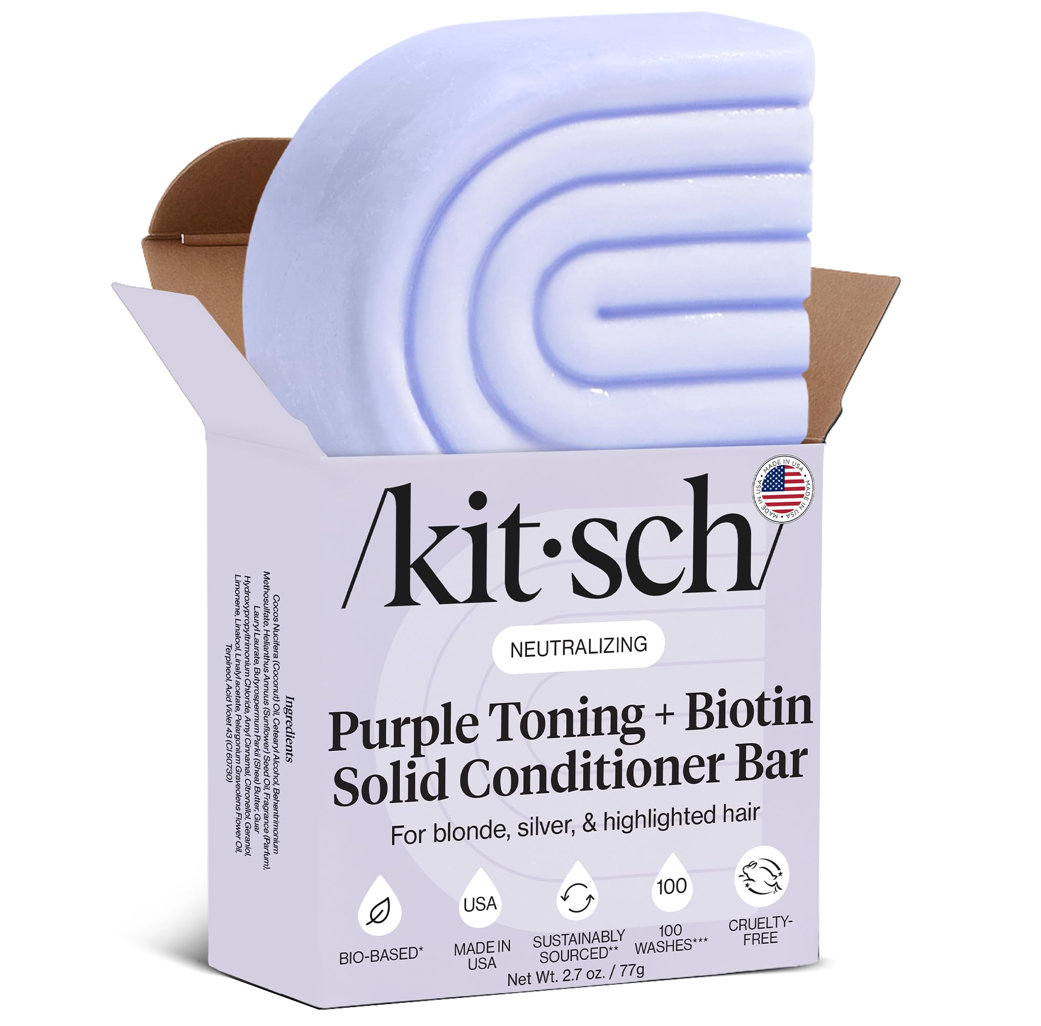 Kitsch Toning Purple Conditioner Bar packshot montrant le produit prêt à neutraliser les tons jaunes.
