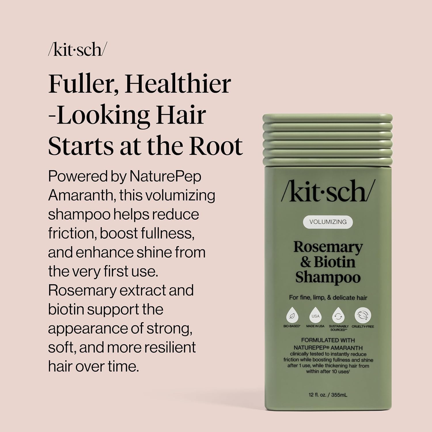 Kitsch voluminisant romarin-biotine – formulation compatible couleur pour cheveux colorés.
